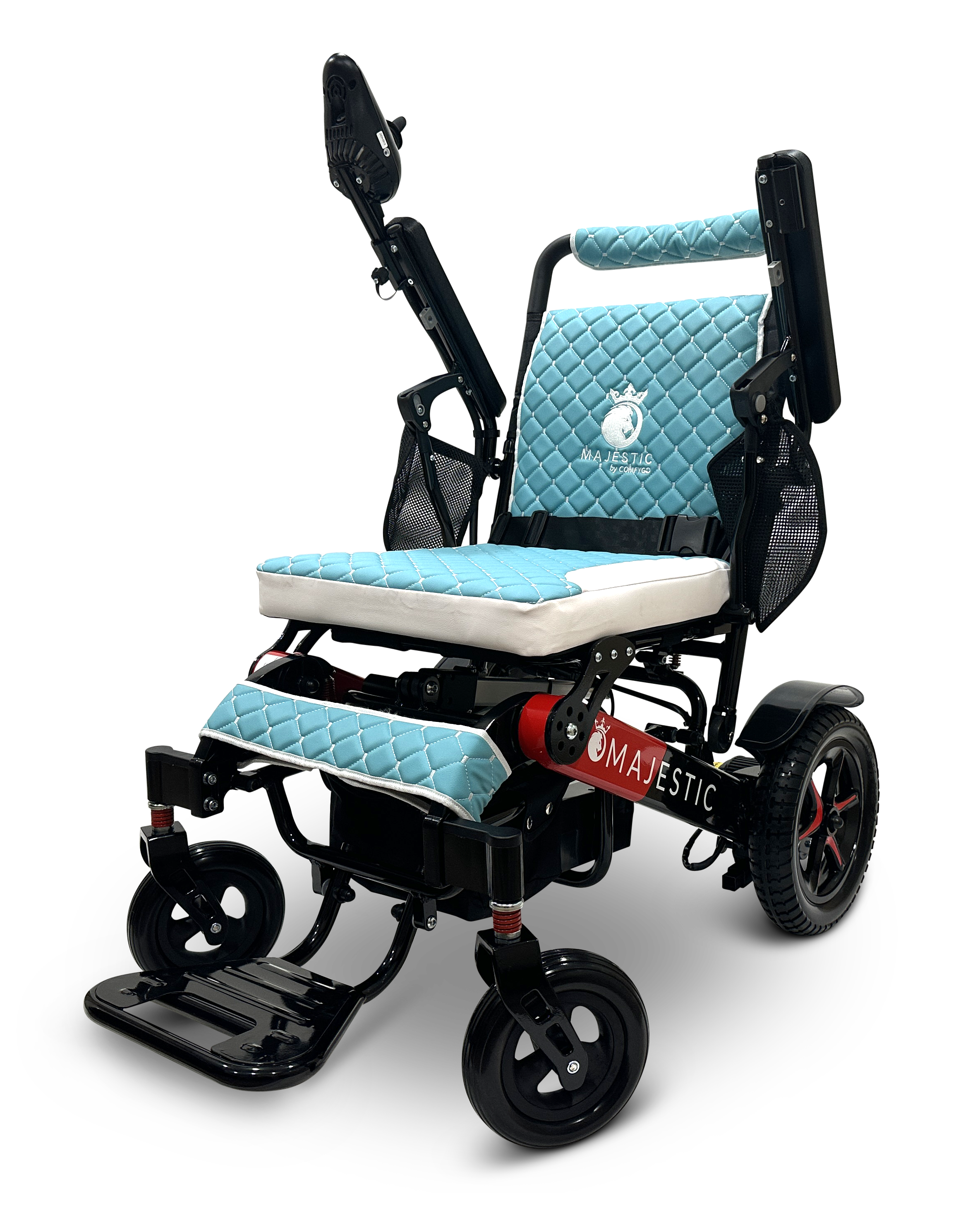 The MAJESTIC IQ-7000 Remote Controlled Electric Wheelchair features a blue quilted seat and backrest, with a joystick control conveniently located on the right armrest. This lightweight model comes equipped with adjustable footrests and large rear wheels, ensuring improved mobility.